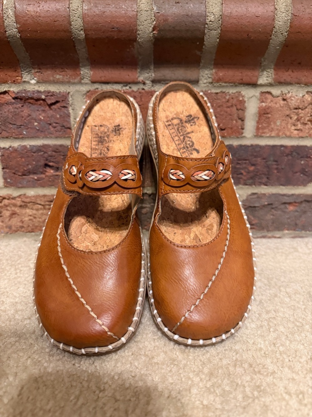 Rieker Cognac Brown Leather Mary Jane Clogs